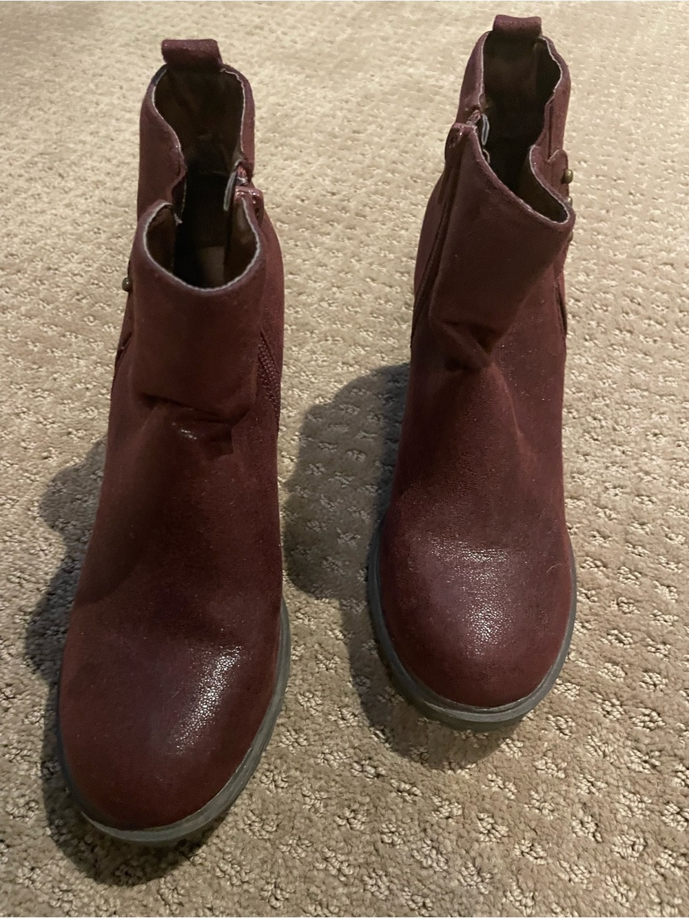 Women’s Burgundy Ankle Boots - Side Zipper with Chunky Rubber sole, stacked heal